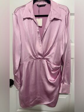NWT Zara Pink Satin Faux Wrap Style Dress Size XL